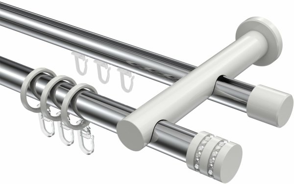 Rundrohr-Innenlauf Gardinenstange Aluminium / Metall 20 mm Ø 2-läufig PLATON - Estana Chrom / Weiß 100 cm