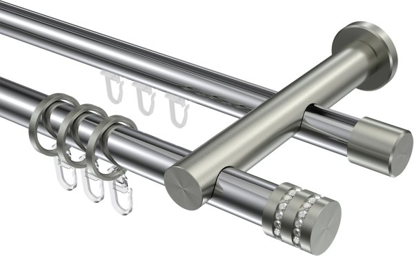Rundrohr-Innenlauf Gardinenstange Aluminium / Metall 20 mm Ø 2-läufig PLATON - Estana Chrom / Edelstahl-Optik 100 cm