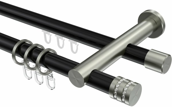 Rundrohr-Innenlauf Gardinenstange Aluminium / Metall 20 mm Ø 2-läufig PLATON - Estana Schwarz / Edelstahl-Optik 100 cm