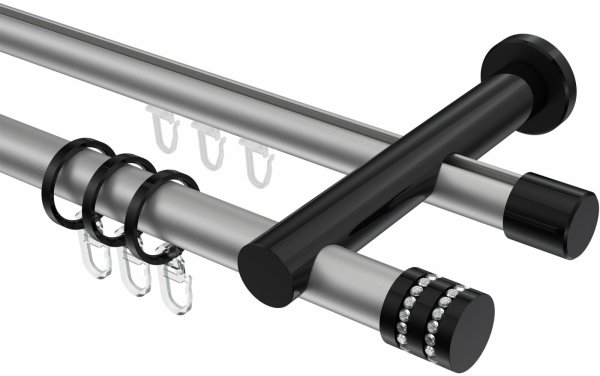 Rundrohr-Innenlauf Gardinenstange Aluminium / Metall 20 mm Ø 2-läufig PLATON - Estana Silbergrau / Schwarz 100 cm