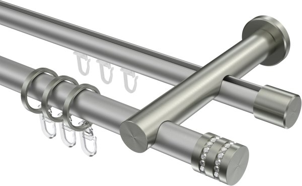 Rundrohr-Innenlauf Gardinenstange Aluminium / Metall 20 mm Ø 2-läufig PLATON - Estana Silbergrau / Edelstahl-Optik 100 cm