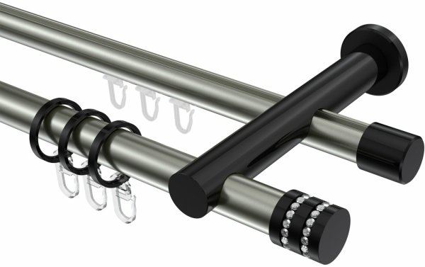 Rundrohr-Innenlauf Gardinenstange Aluminium / Metall 20 mm Ø 2-läufig PLATON - Estana Edelstahl-Optik / Schwarz 100 cm