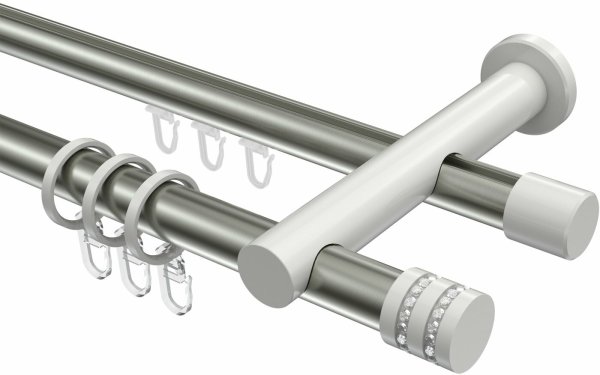 Rundrohr-Innenlauf Gardinenstange Aluminium / Metall 20 mm Ø 2-läufig PLATON - Estana Edelstahl-Optik / Weiß 100 cm