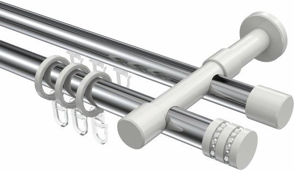 Rundrohr-Innenlauf Gardinenstange Aluminium / Metall 20 mm Ø 2-läufig PRESTIGE - Estana Chrom / Weiß 100 cm
