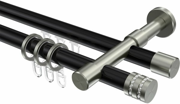 Rundrohr-Innenlauf Gardinenstange Aluminium / Metall 20 mm Ø 2-läufig PRESTIGE - Estana Schwarz / Edelstahl-Optik 100 cm