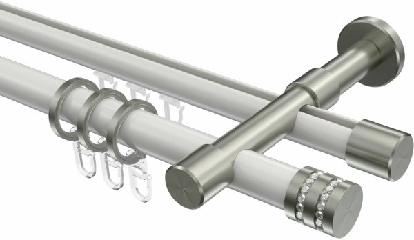 Rundrohr-Innenlauf Gardinenstange Aluminium / Metall 20 mm Ø 2-läufig PRESTIGE - Estana Weiß / Edelstahl-Optik 100 cm