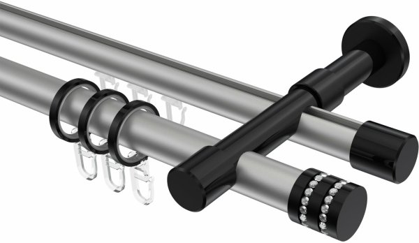 Rundrohr-Innenlauf Gardinenstange Aluminium / Metall 20 mm Ø 2-läufig PRESTIGE - Estana Silbergrau / Schwarz 100 cm