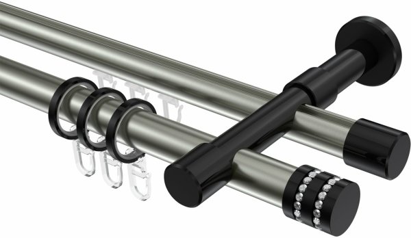 Rundrohr-Innenlauf Gardinenstange Aluminium / Metall 20 mm Ø 2-läufig PRESTIGE - Estana Edelstahl-Optik / Schwarz 100 cm