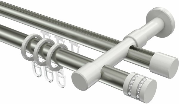 Rundrohr-Innenlauf Gardinenstange Aluminium / Metall 20 mm Ø 2-läufig PRESTIGE - Estana Edelstahl-Optik / Weiß 100 cm