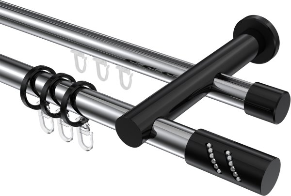 Rundrohr-Innenlauf Gardinenstange Aluminium / Metall 20 mm Ø 2-läufig PLATON - Zoena Chrom / Schwarz 100 cm