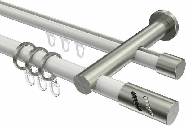 Rundrohr-Innenlauf Gardinenstange Aluminium / Metall 20 mm Ø 2-läufig PLATON - Zoena Weiß / Edelstahl-Optik 100 cm