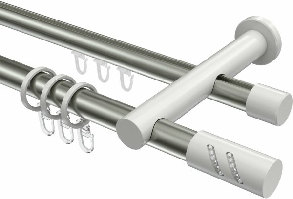 Rundrohr-Innenlauf Gardinenstange Aluminium / Metall 20 mm Ø 2-läufig PLATON - Zoena Edelstahl-Optik / Weiß 100 cm