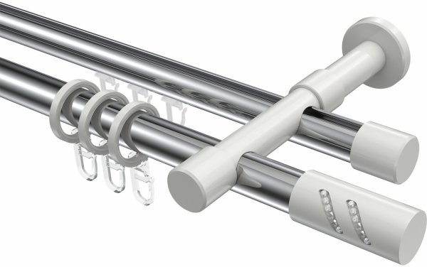 Rundrohr-Innenlauf Gardinenstange Aluminium / Metall 20 mm Ø 2-läufig PRESTIGE - Zoena Chrom / Weiß 100 cm
