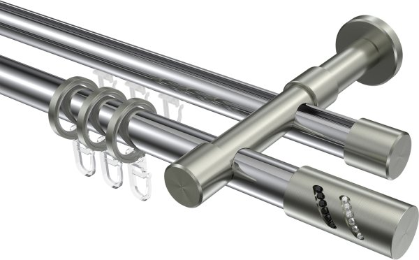 Rundrohr-Innenlauf Gardinenstange Aluminium / Metall 20 mm Ø 2-läufig PRESTIGE - Zoena Chrom / Edelstahl-Optik 100 cm