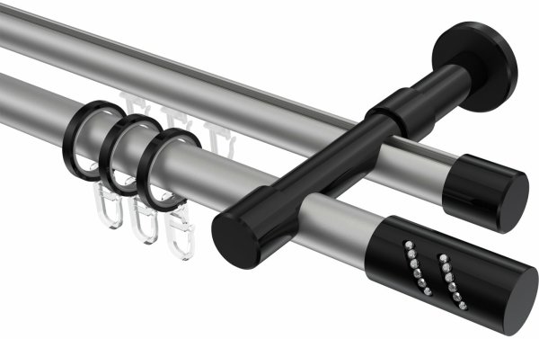Rundrohr-Innenlauf Gardinenstange Aluminium / Metall 20 mm Ø 2-läufig PRESTIGE - Zoena Silbergrau / Schwarz 100 cm