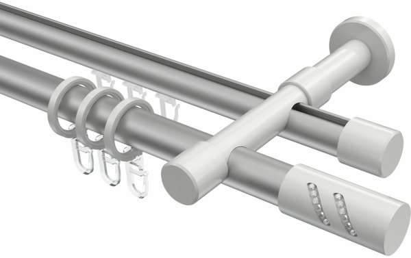 Rundrohr-Innenlauf Gardinenstange Aluminium / Metall 20 mm Ø 2-läufig PRESTIGE - Zoena Silbergrau / Weiß 100 cm