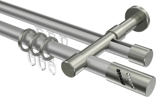 Rundrohr-Innenlauf Gardinenstange Aluminium / Metall 20 mm Ø 2-läufig PRESTIGE - Zoena Silbergrau / Edelstahl-Optik 100 cm