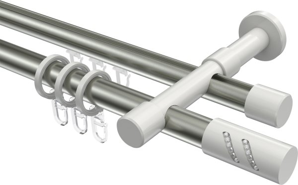 Rundrohr-Innenlauf Gardinenstange Aluminium / Metall 20 mm Ø 2-läufig PRESTIGE - Zoena Edelstahl-Optik / Weiß 100 cm