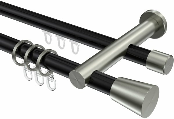 Rundrohr-Innenlauf Gardinenstange Aluminium / Metall 20 mm Ø 2-läufig PLATON - Sitra Schwarz / Edelstahl-Optik 100 cm