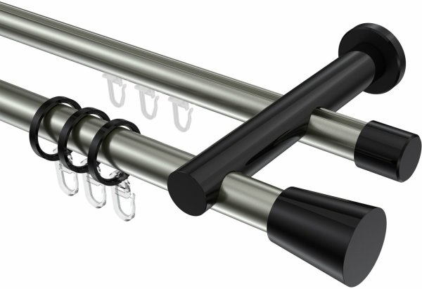 Rundrohr-Innenlauf Gardinenstange Aluminium / Metall 20 mm Ø 2-läufig PLATON - Sitra Edelstahl-Optik / Schwarz 100 cm