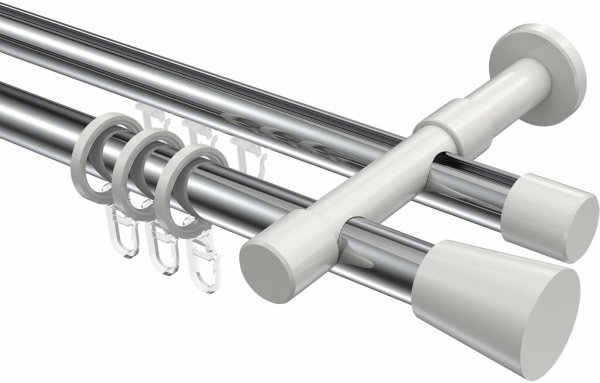 Rundrohr-Innenlauf Gardinenstange Aluminium / Metall 20 mm Ø 2-läufig PRESTIGE - Sitra Chrom / Weiß 100 cm