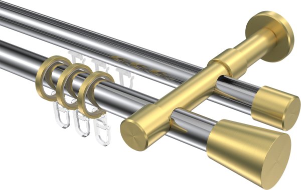 Rundrohr-Innenlauf Gardinenstange Aluminium / Metall 20 mm Ø 2-läufig PRESTIGE - Sitra Chrom / Messing-Optik 100 cm