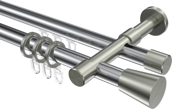 Rundrohr-Innenlauf Gardinenstange Aluminium / Metall 20 mm Ø 2-läufig PRESTIGE - Sitra Chrom / Edelstahl-Optik 100 cm