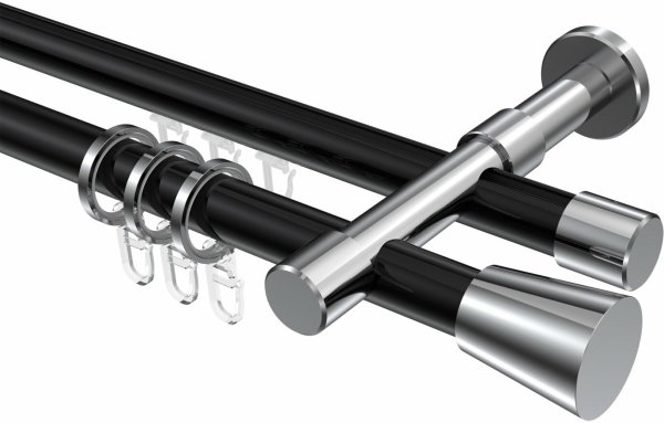 Rundrohr-Innenlauf Gardinenstange Aluminium / Metall 20 mm Ø 2-läufig PRESTIGE - Sitra Schwarz / Chrom 100 cm