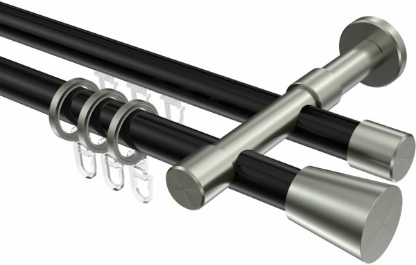 Rundrohr-Innenlauf Gardinenstange Aluminium / Metall 20 mm Ø 2-läufig PRESTIGE - Sitra Schwarz / Edelstahl-Optik 100 cm