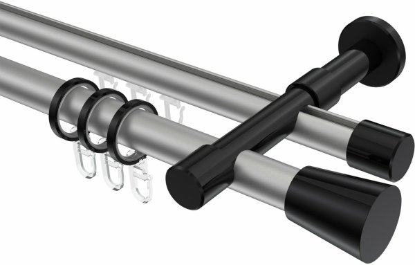 Rundrohr-Innenlauf Gardinenstange Aluminium / Metall 20 mm Ø 2-läufig PRESTIGE - Sitra Silbergrau / Schwarz 100 cm