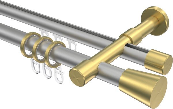 Rundrohr-Innenlauf Gardinenstange Aluminium / Metall 20 mm Ø 2-läufig PRESTIGE - Sitra Silbergrau / Messing-Optik 100 cm