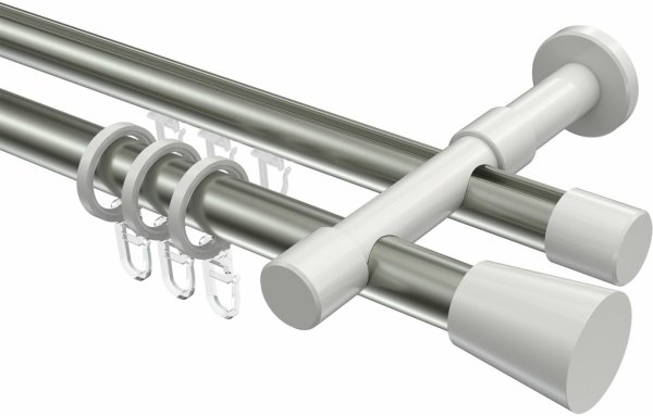 Rundrohr-Innenlauf Gardinenstange Aluminium / Metall 20 mm Ø 2-läufig PRESTIGE - Sitra Edelstahl-Optik / Weiß 100 cm