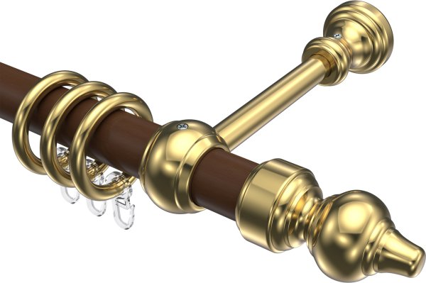 Gardinenstange Holz / Kunststoff 28 mm Ø CLASSIC - Rondo Nussbaum lackiert / Messing-farbig