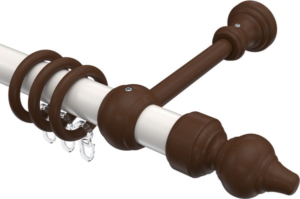 Gardinenstange Metall / Holz 28 mm Ø CLASSIC - Rondo Weiß / Nussbaum lackiert 100 cm