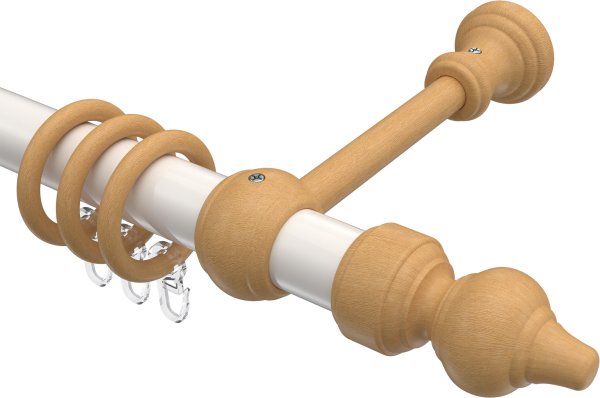 Gardinenstange Metall / Holz 28 mm Ø CLASSIC - Rondo Weiß / Buche lackiert 100 cm