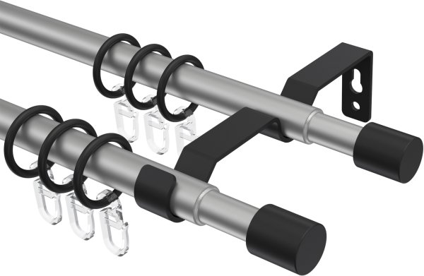 Ausziehbare Gardinenstange Metall / Kunststoff 16/13 mm 2-läufig Ø HERA - Livo Silbergrau / Schwarz 70-120 cm