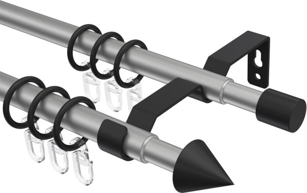 Ausziehbare Gardinenstange Metall / Kunststoff 16/13 mm 2-läufig Ø HERA - Cone Silbergrau / Schwarz