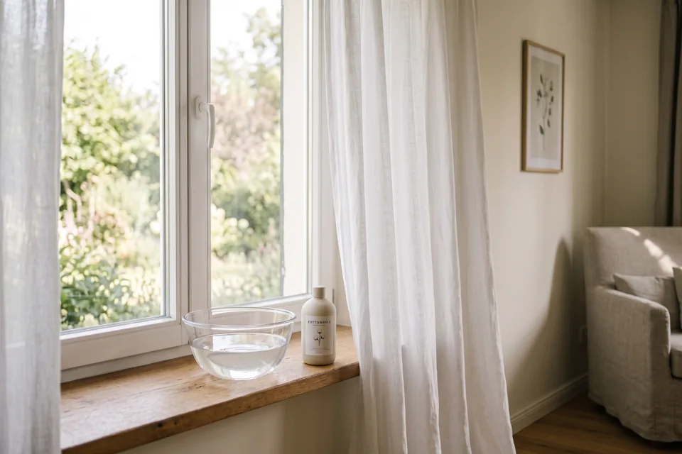 Frisch gewaschene Gardine feucht am Fenster