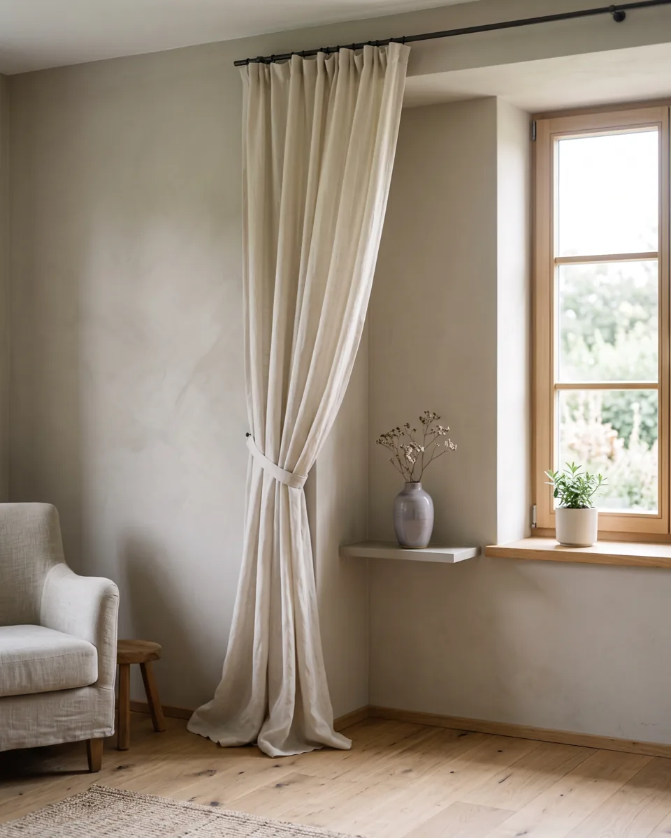 Heller Gardinenstoff in weichen Falten am Fenster