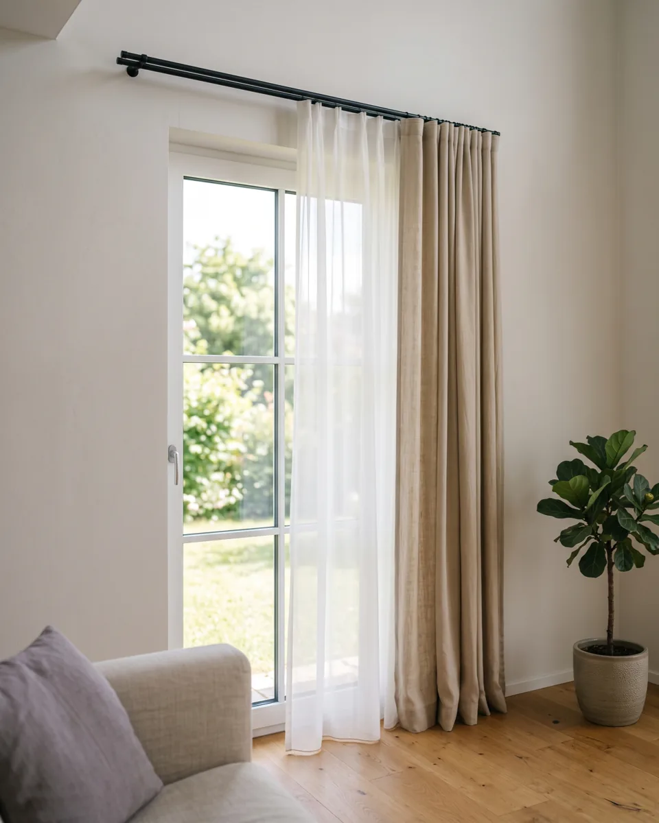 Bodentiefes Fenster mit transparentem Store und seitlich gerafftem Leinen-Vorhang an schwarzer Gardinenstange