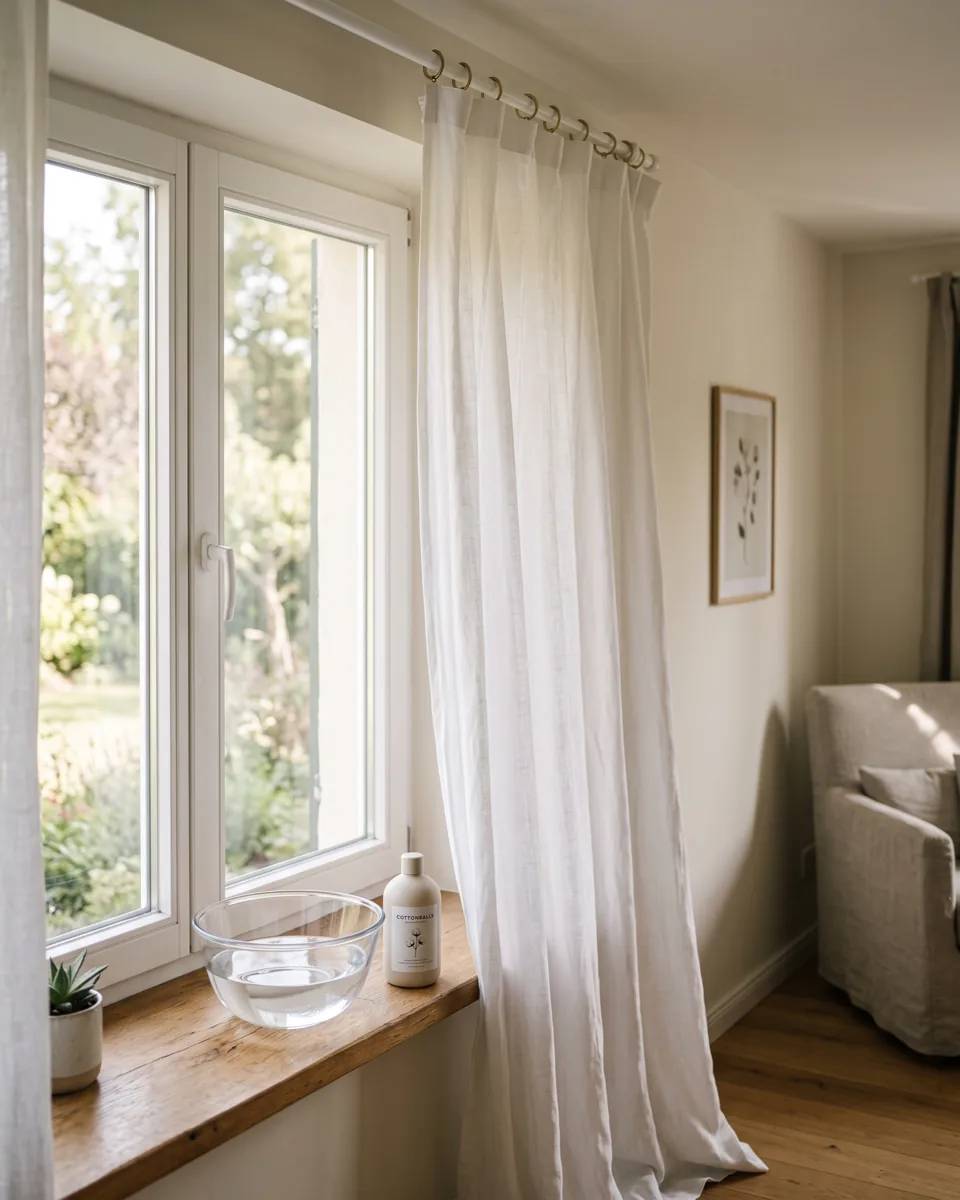 Frisch gewaschene, noch feuchte Gardine h&auml;ngt am hellen Fenster