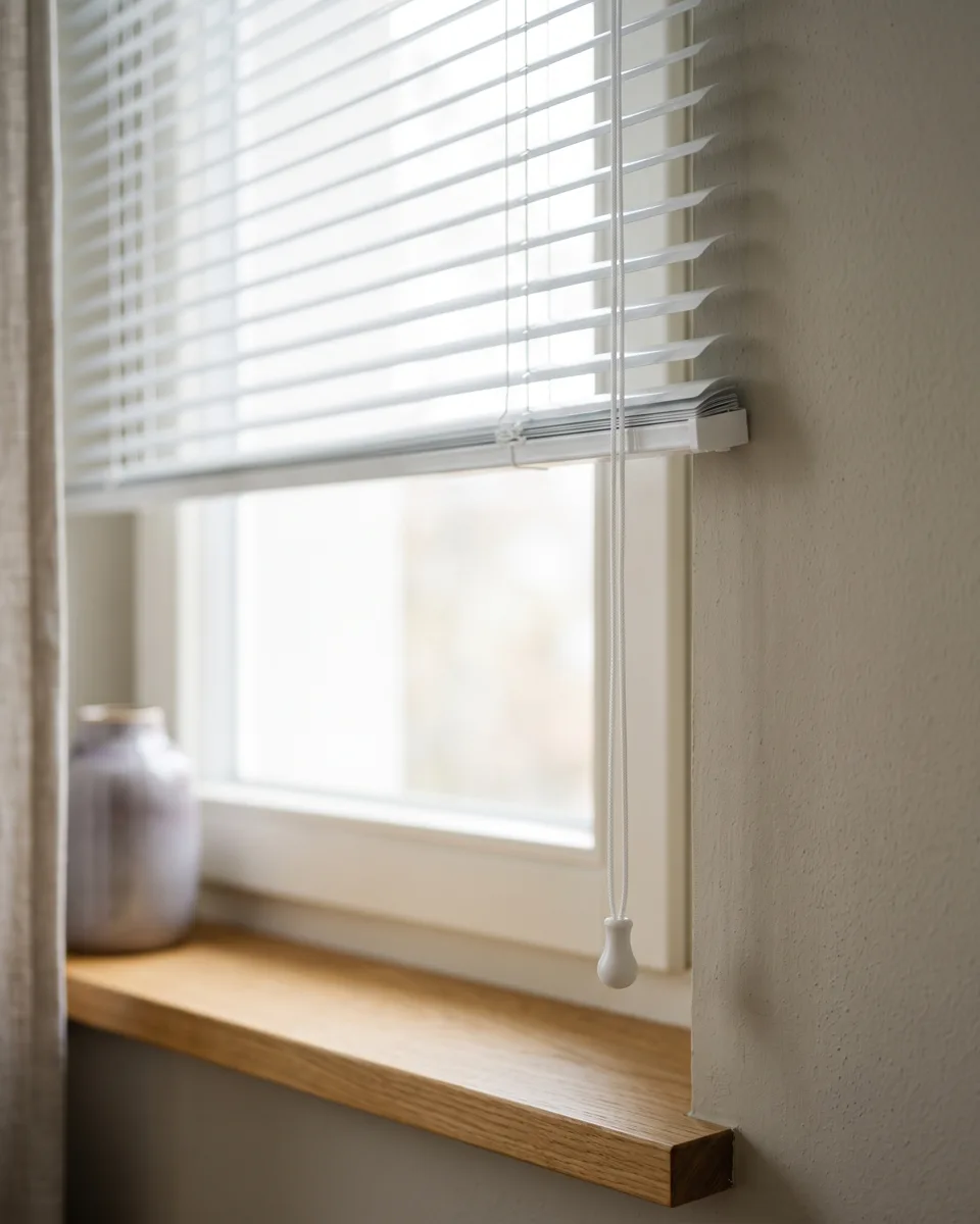 Detailaufnahme einer wei&szlig;en Aluminium-Jalousie mit Wendestab und Bedienschnur am Fenster
