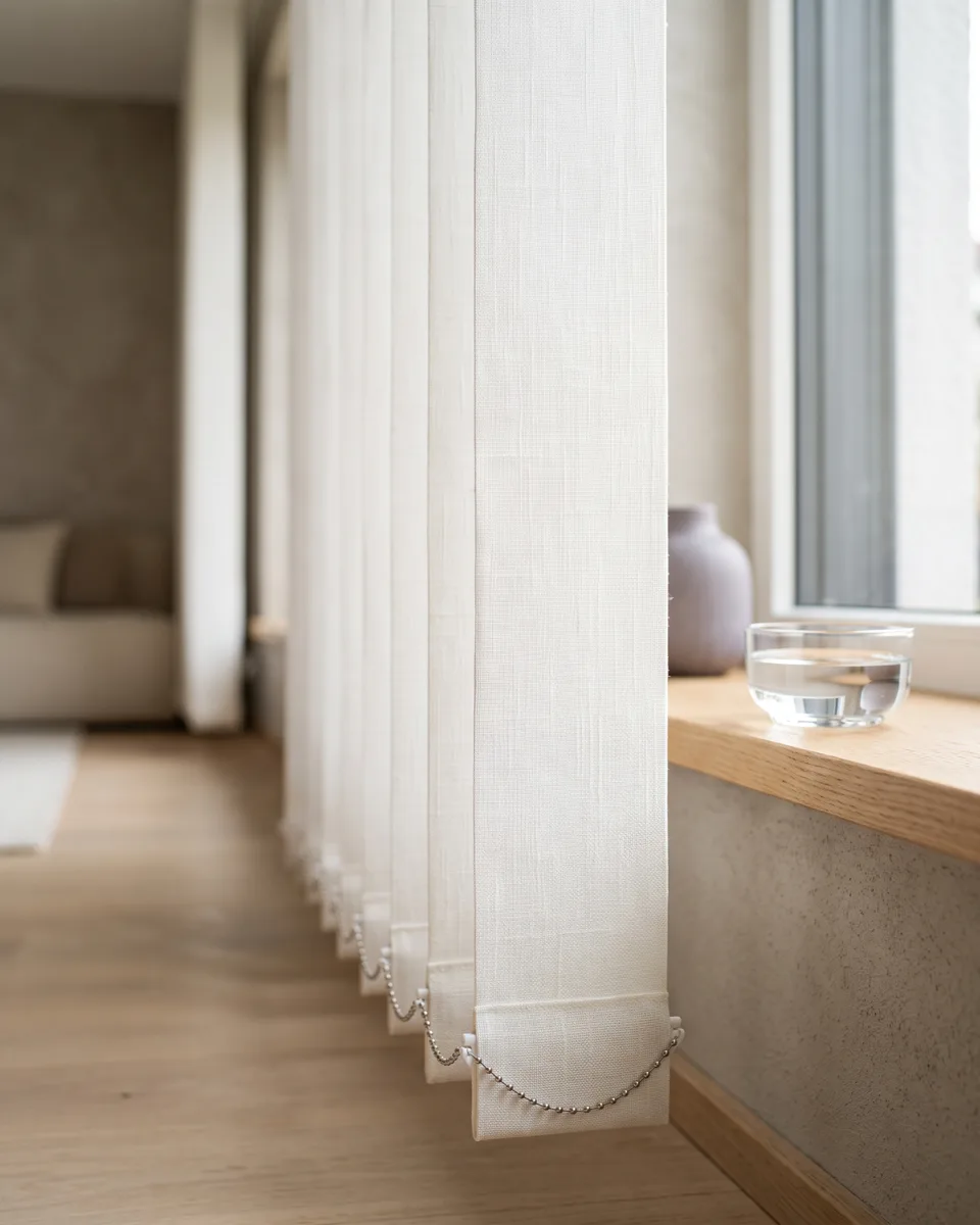 Vertikale wei&szlig;e Textil-Lamellen eines Lamellenvorhangs im Streiflicht mit Beschwerungskette