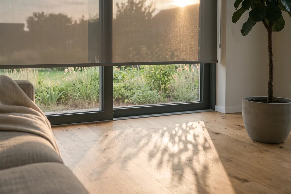 Warmes Sonnenlicht durch einen Sonnenschutz-Behang gefiltert