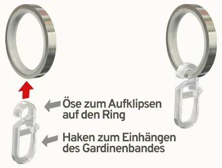 Faltenlegehaken auf Ringe klipsen