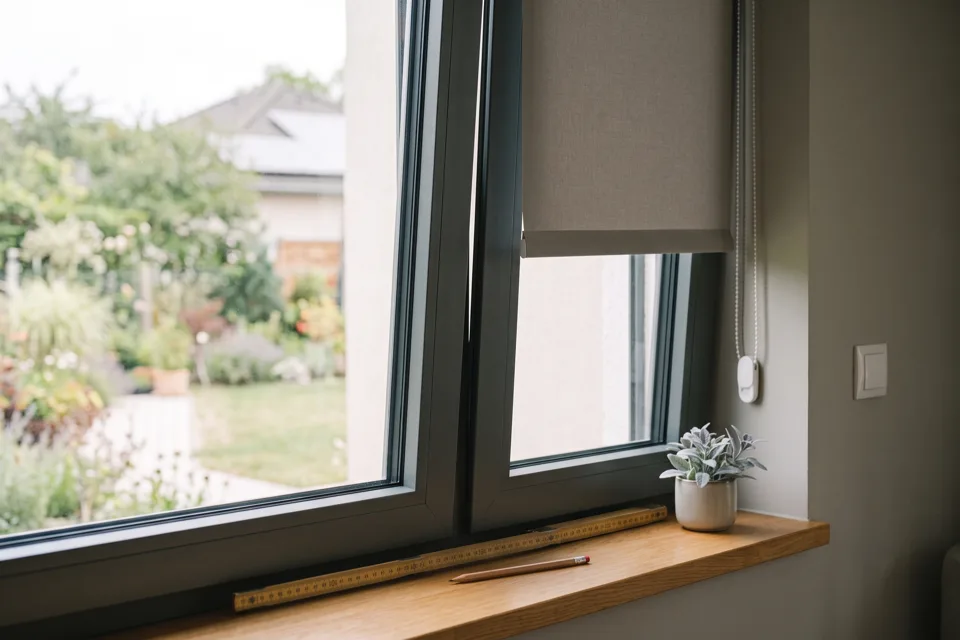 Zollstock am Fenster zum Ausmessen eines Rollos