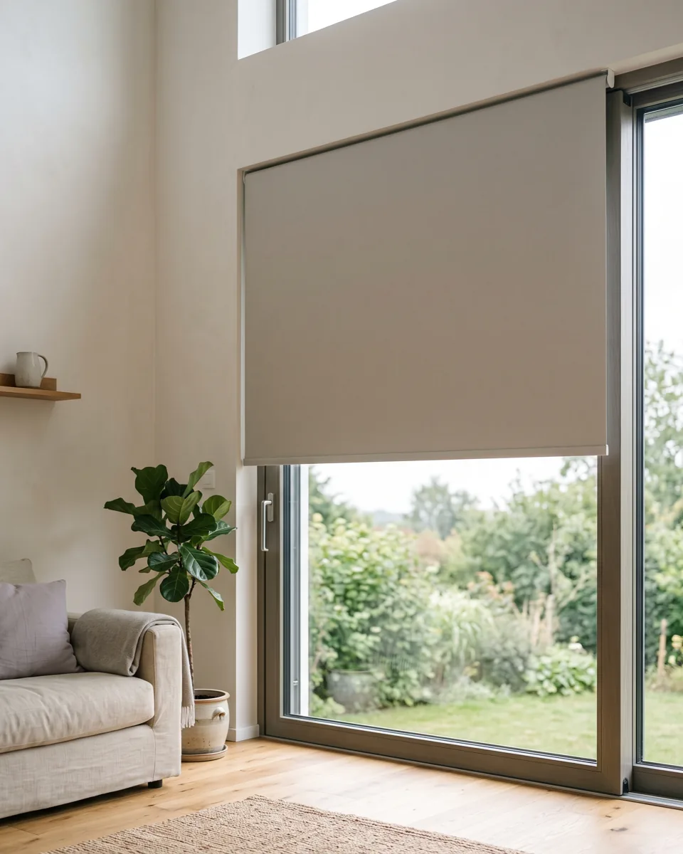 Halb abgesenktes graues Rollo an einer bodentiefen Fensterfront im Wohnzimmer