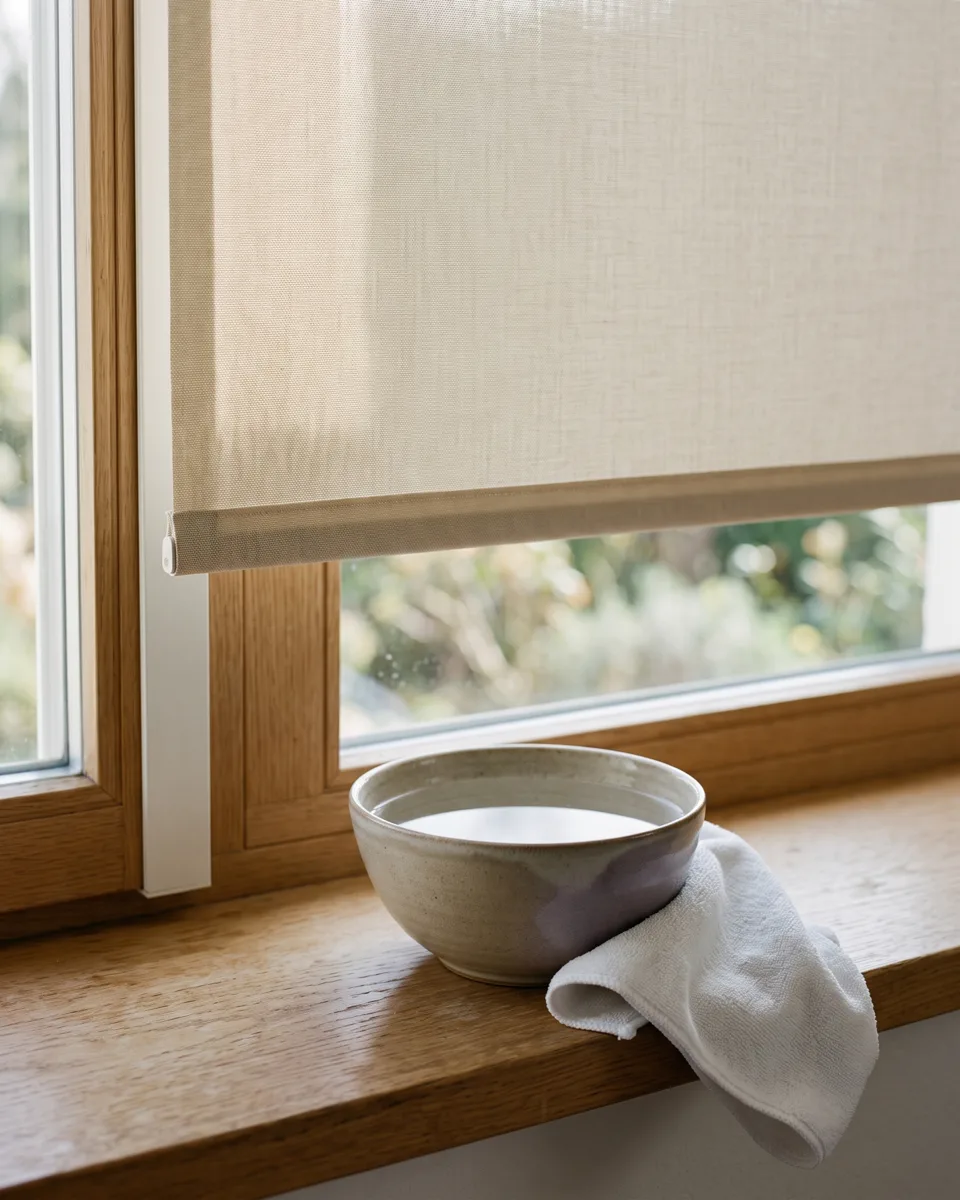 Weiche B&uuml;rste und feuchtes Tuch neben einem hellen Rollo am Fenster
