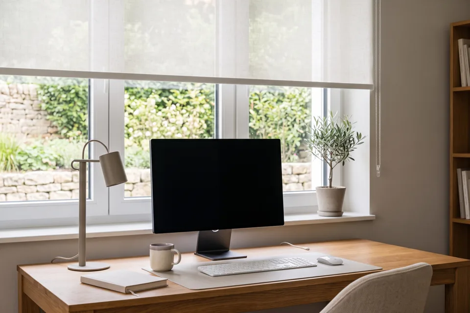 Blendfreier Monitor vor einem Fenster mit Screen-Behang