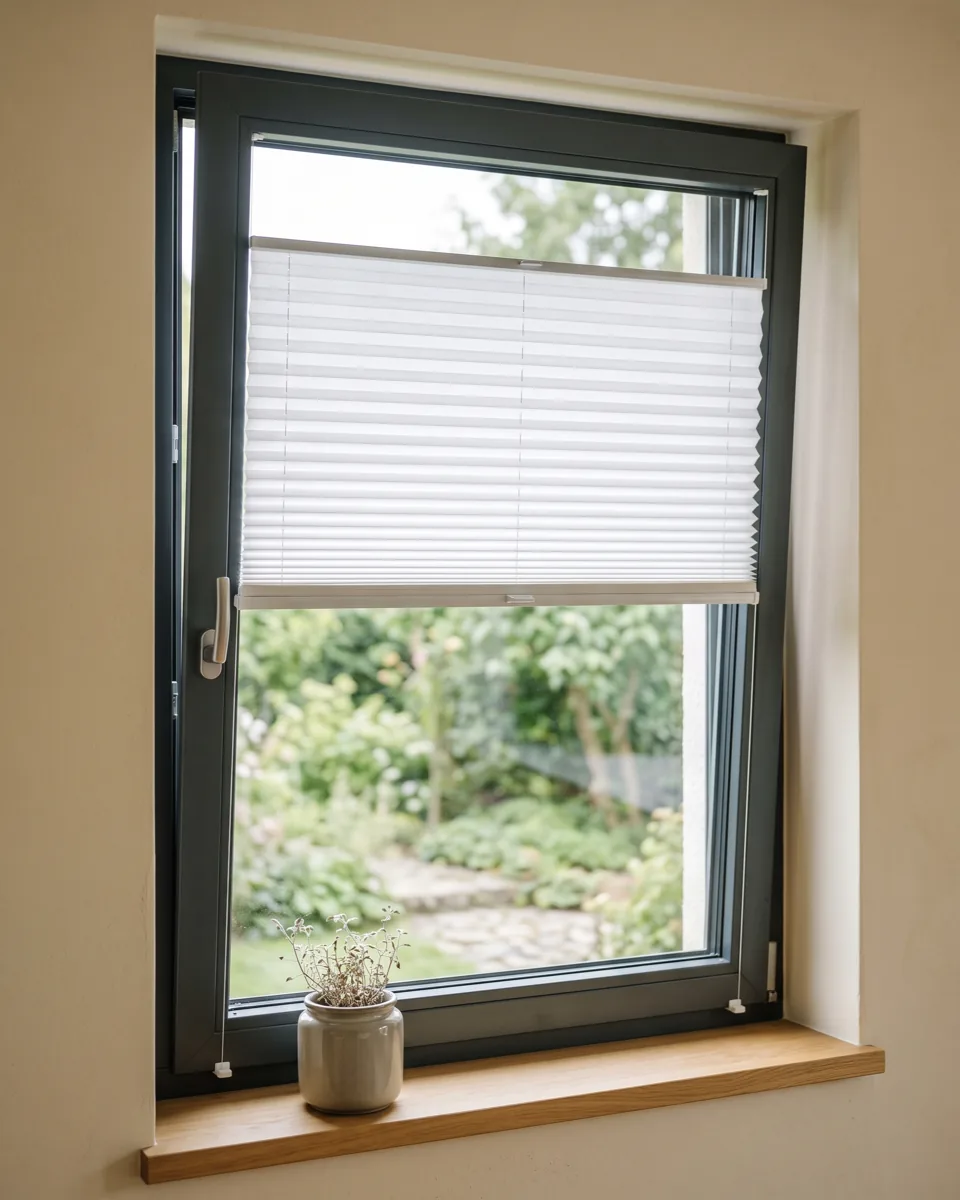 Helles Wohnzimmerfenster mit halb geschlossenem Plissee als innenliegender Sonnenschutz